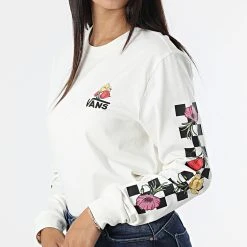 Meilleure vente 😀 Tee Shirt Manches Longues Femme Poppy Check Beige de Vans 👍